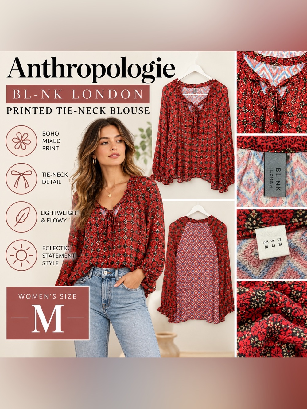 BL-NK London Anthropologie Red Boho Print Tie Neck Blouse Women’s M